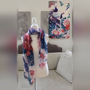 JC Sunny Multicolor Birds & Flowers Frayed Edge Scarf